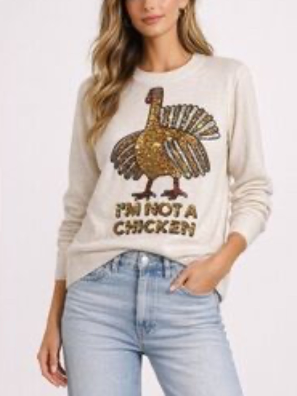 H&M I'm Not a Chicken Sequin Turkey Thanksgiving Novelty Holiday Sweater Alpaca